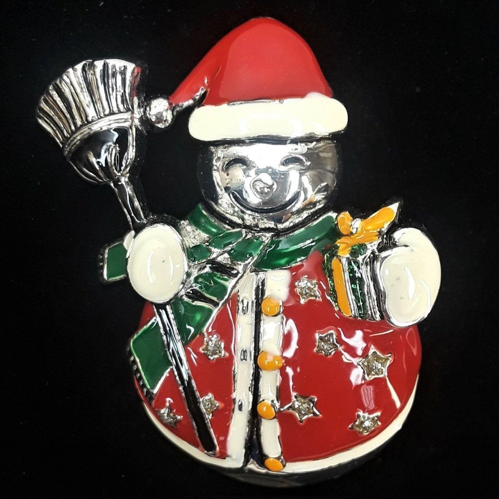 Vintage Snowman Pin Christmas Brooch or Pendant Silver Colored Metal Holiday